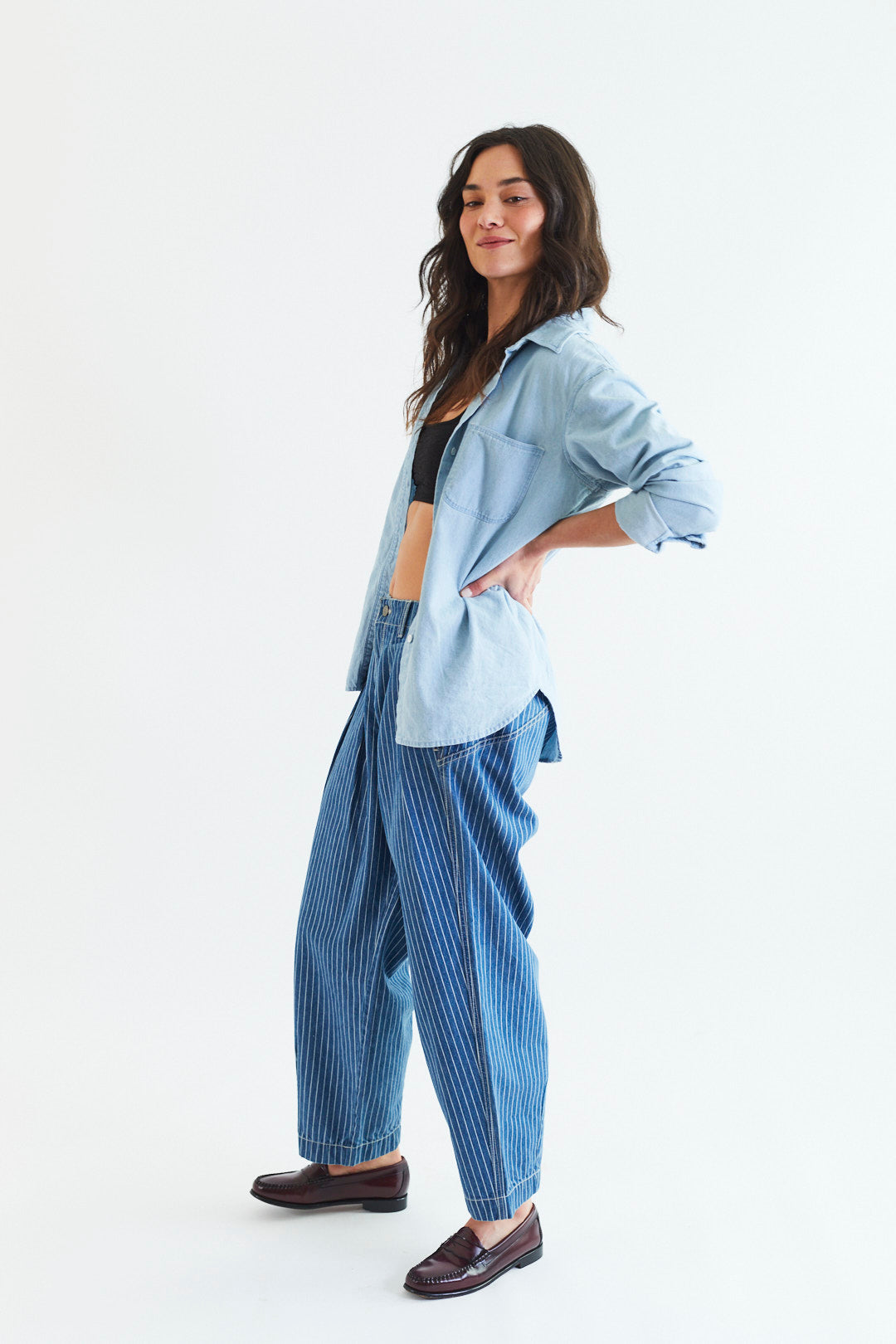 TARA BARREL PANT IN INDIGO PINSTRIPE