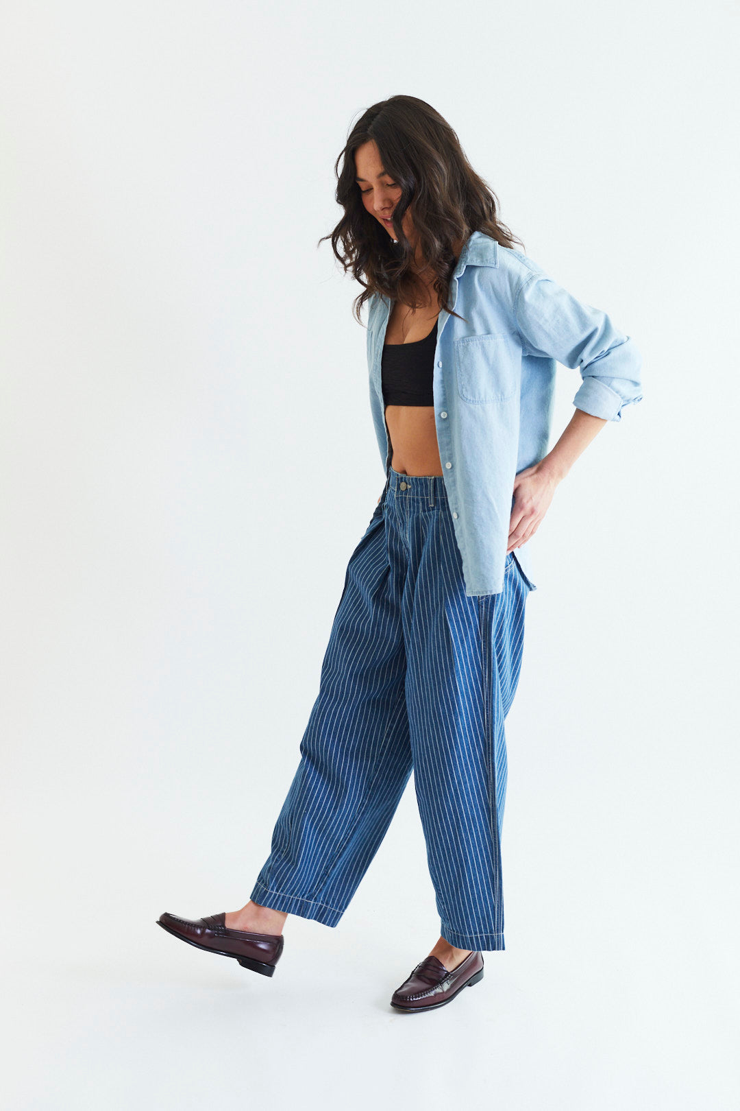 TARA BARREL PANT IN INDIGO PINSTRIPE