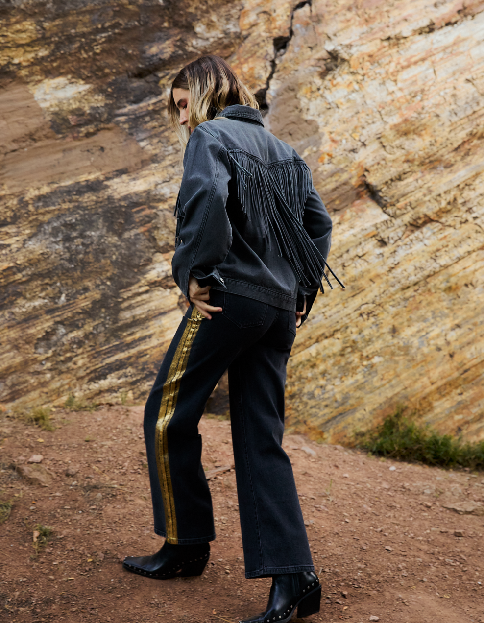 Rebel Wide Leg In Carbon w/ Gold Tuxedo Stripe