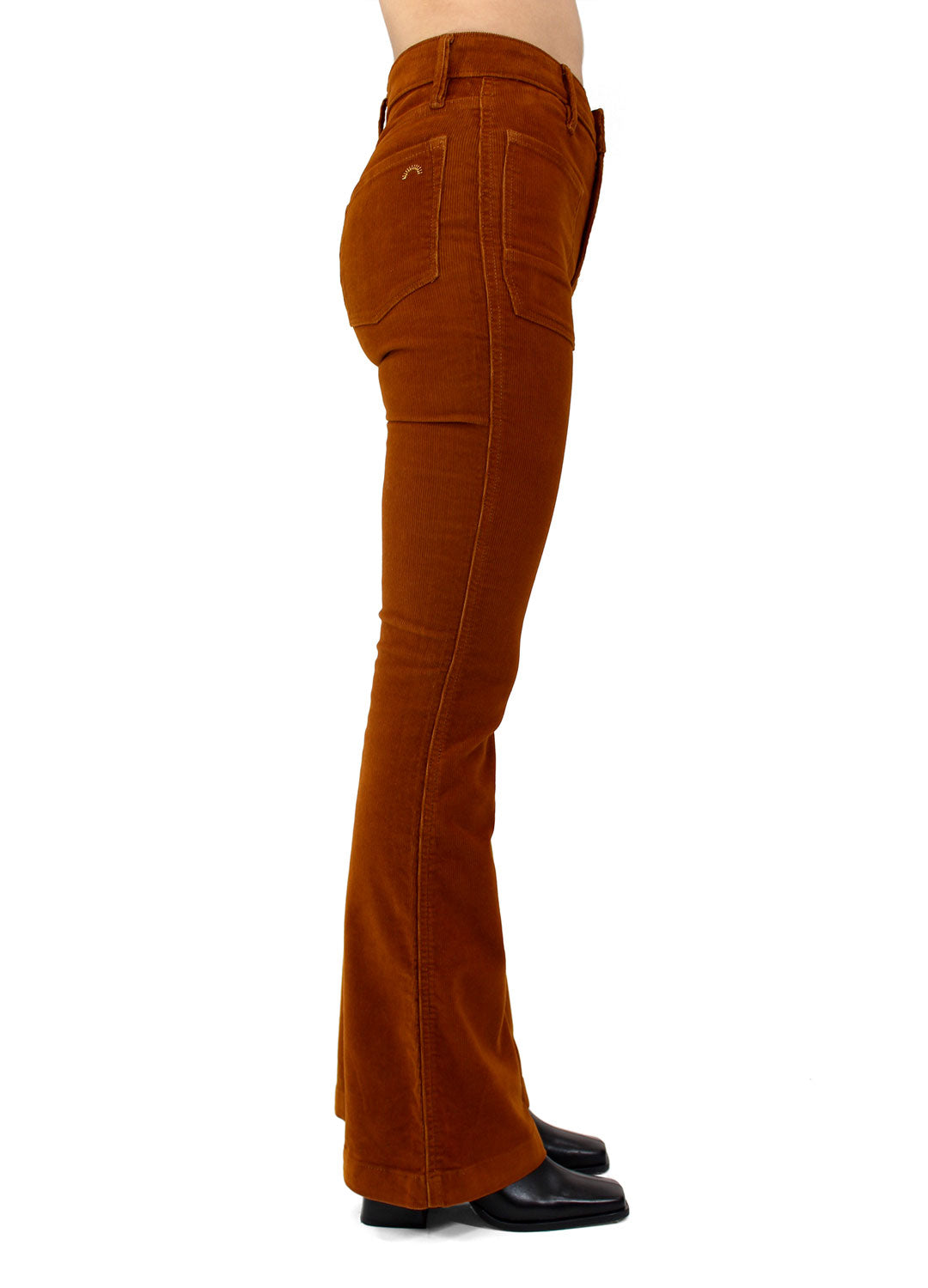 Side View of The Wanderer Flare Corduroy Jeans in Whiskey by Porter Blue Apparel - Sustainably made jeans