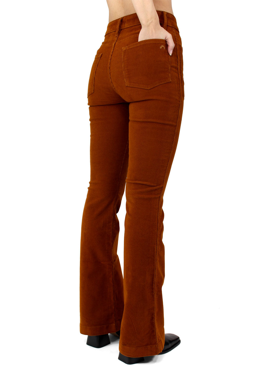 Back View of The Wanderer Flare Corduroy Jeans in Whiskey by Porter Blue Apparel - Sustainable Denim