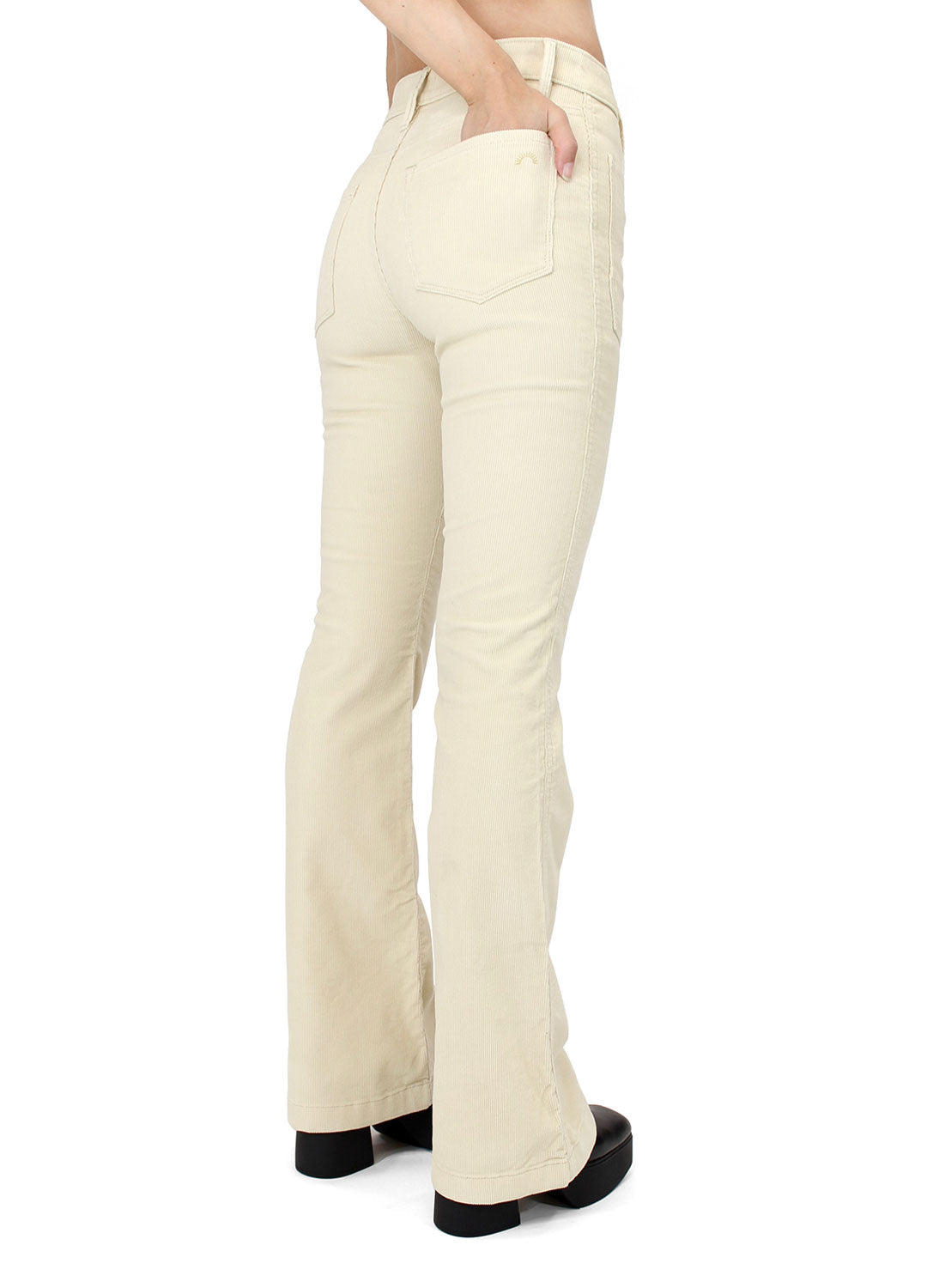 Porter Blue Apparel ethically made denim Wanderer Corduroy Flare in Cream back view
