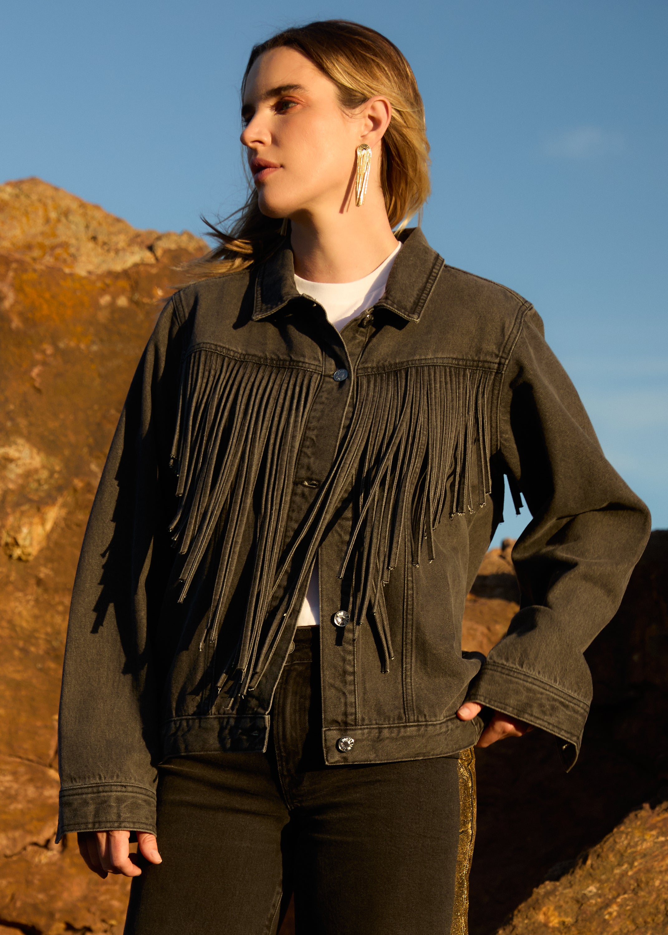 Black Denim Fringe Jacket