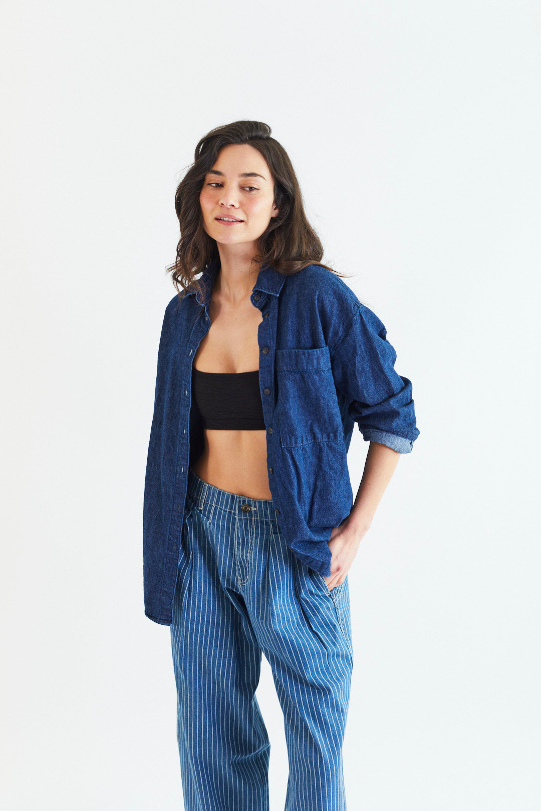 TARA BARREL PANT IN INDIGO PINSTRIPE