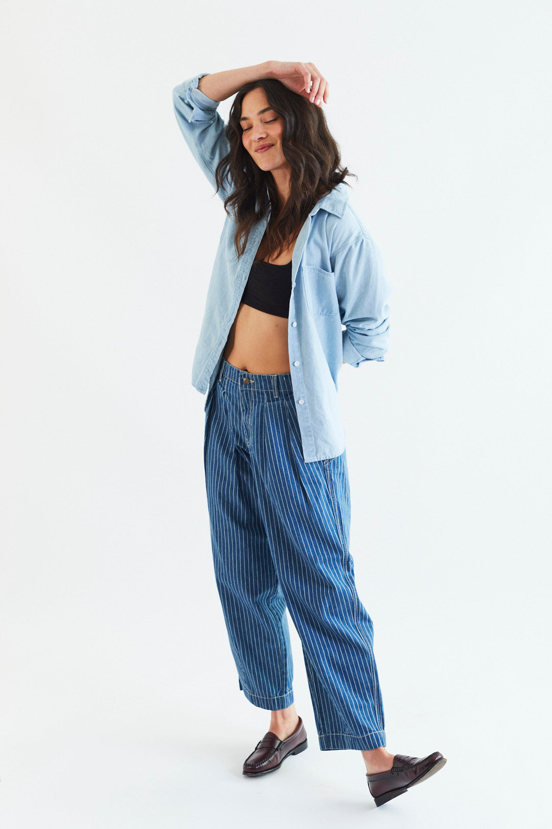TARA BARREL PANT IN INDIGO PINSTRIPE