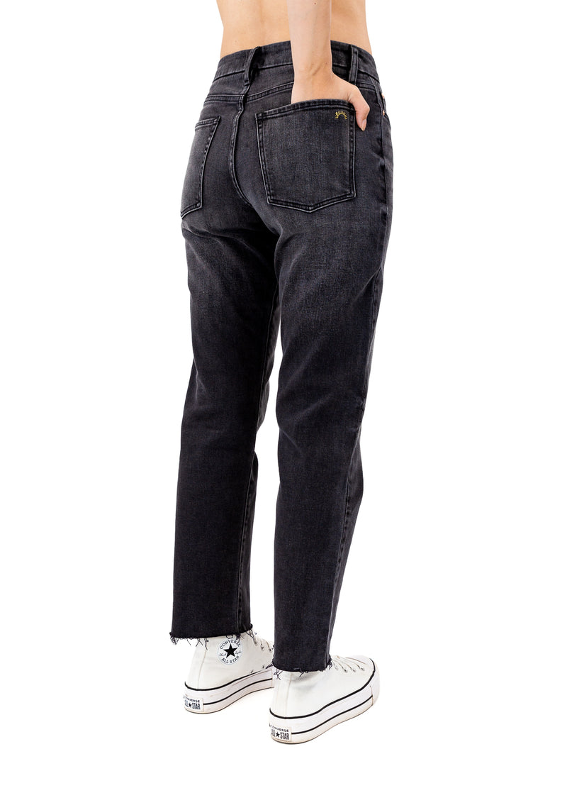 The Rebel Straight Sustainable Jeans in Coal made with Organic Cotton by Porter Blue Apparel - Back Pocket view