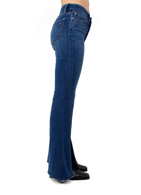 Side View of the Porter Blue Apparel Jolene Mid Rise Sustainable Denim Flare in Vera