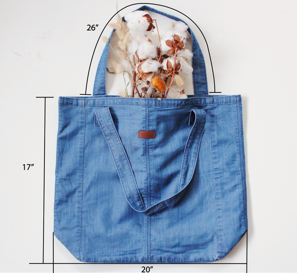Diagram showing size of Weekender Sustainable Denim Tote by Porter Blue Apparel