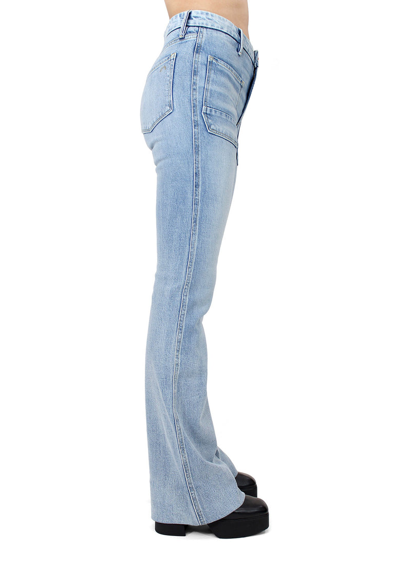 Porter Blue Apparel ethically made denim Wanderer Flare in Gracie jeans side view